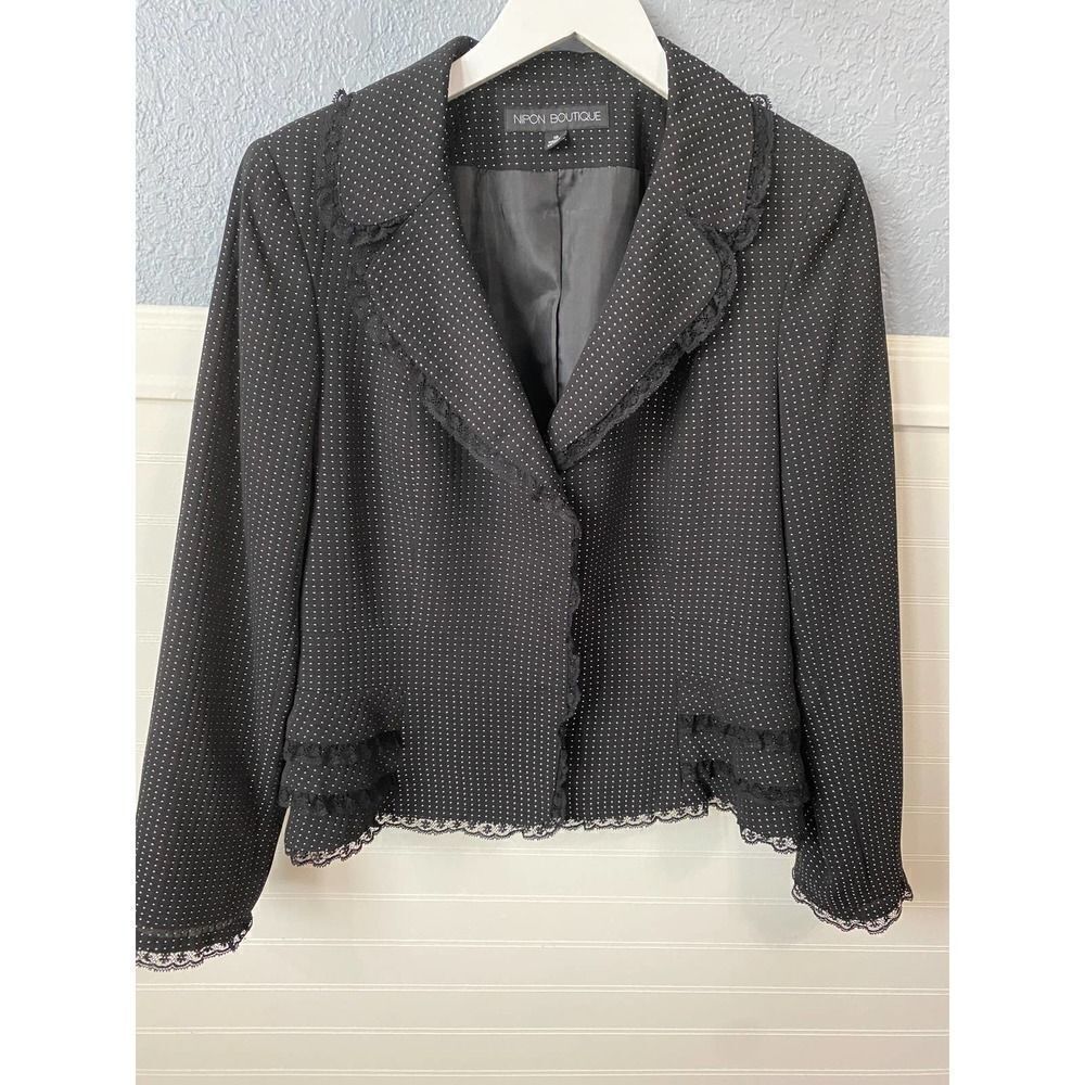 Nipon Boutique Black Dot Embroidered collared Snap Up Scalloped Blazer Size 10 - Picture 2 of 7